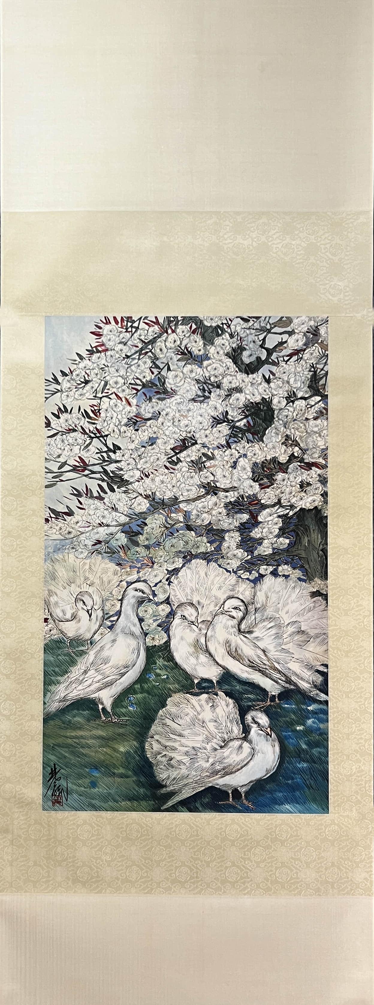Chinese Pigeon Paper Painting Scroll, Lin Fengmian Mark (1 of 9)