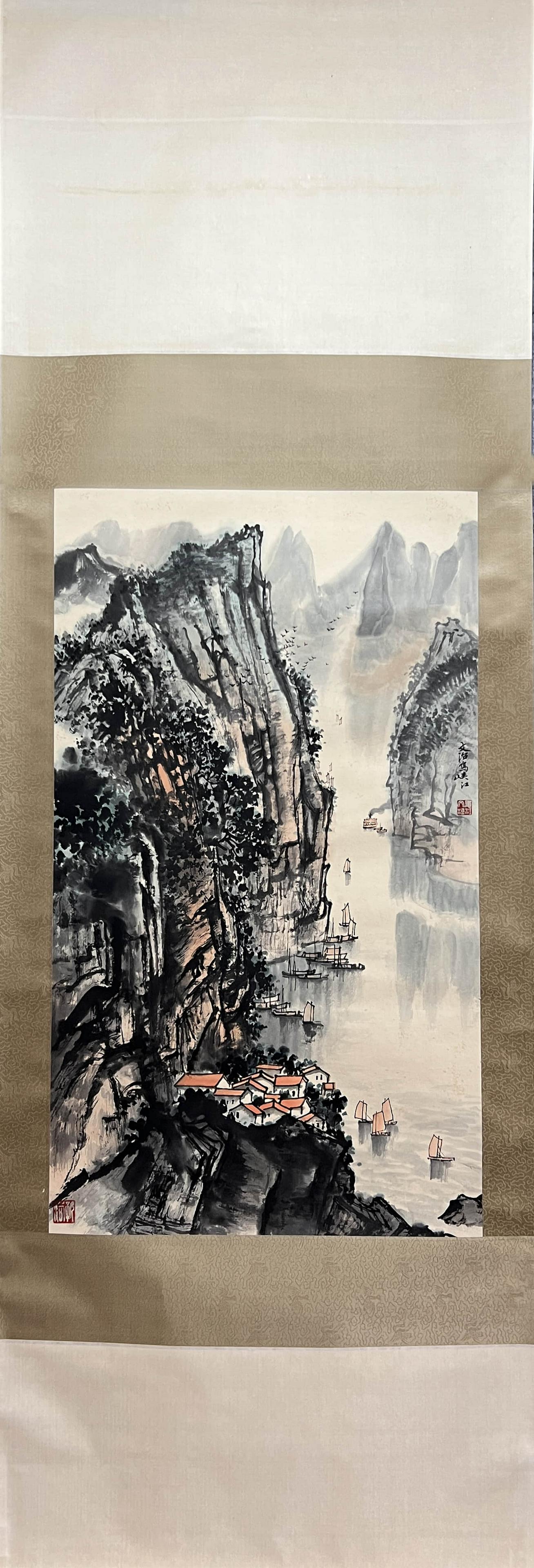 Chinese Landscape Silk Painting Scroll, Song Wenzhi Mark (1 of 9)