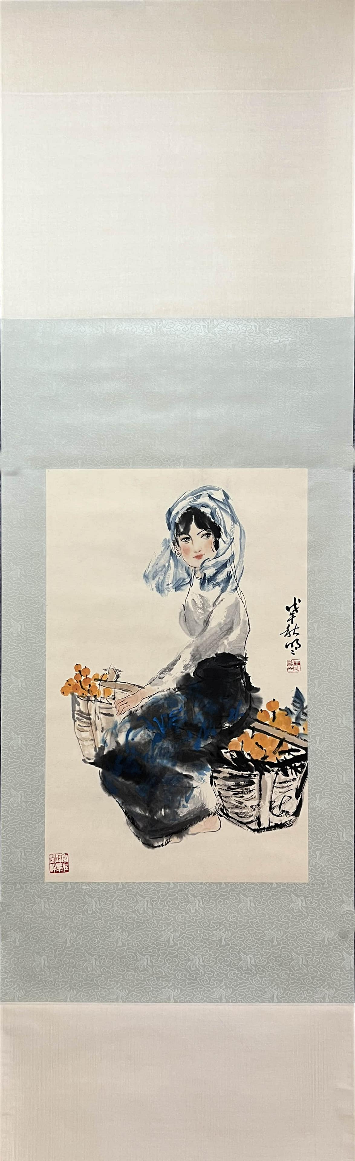 Chinese Figure Paper Painting Scroll, Wang Mingming Mark (1 of 8)