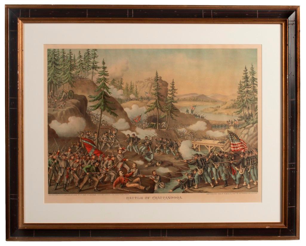 A Group of Kurz & Allison Historical Colored: American, 20th century. A group of colored lithographs from Kurz & Allison series of historical battlefronts, includes; Fort Pillow, Battle of Five Forks, Assault on Fort Sanders, Battle of Champion H
