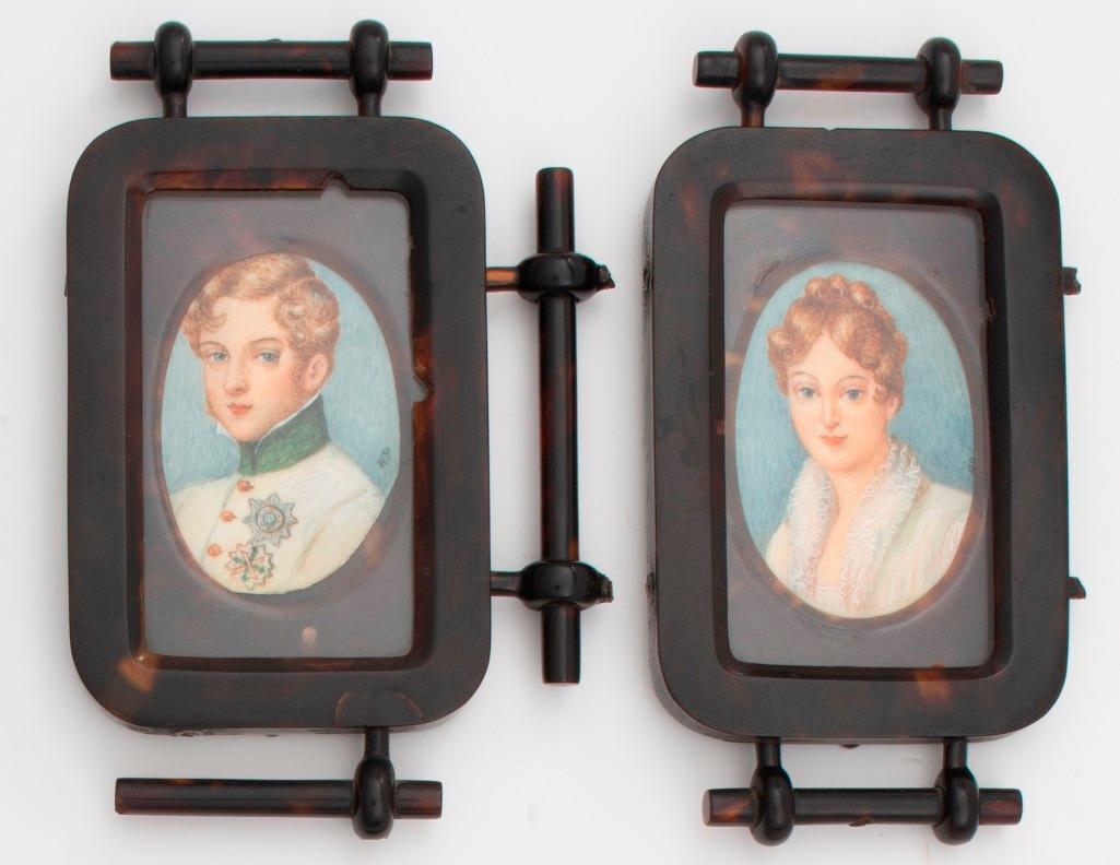 Continental Portrait Miniatures Housed in Tortoise: Continental, 19th century. A hand painted portrait of a young couple, gentleman in military coat and badges, housed in tortoise shell frame; ht. 7, wd. 6 inches. Provenance: Property from the estate c