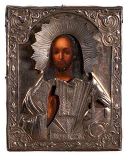 A 19th Century Russian Icon with Marked Riza Possibly: Russian (Moscow) 19th century. A painted icon on board with detailed riza marked M.Z. possibly the works of Mikhail Zorin of Moscow, and dated 1864; ht. 9 x wd. 7 inches. Provenance: Property from the