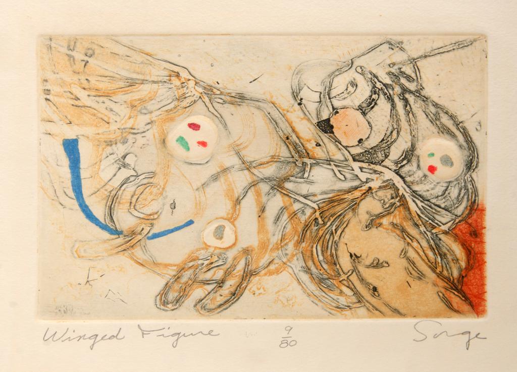 Walter Sorge (Canadian, 1931-2021) Mixed Media Intaglio: winged figure watercolor print signed l.r. 9 of 80 7 x 5 inches (sight) 19.25 x 24.25 inches (frame) Overall good condition. Canadian-born artist Walter Sorge was a Modernist whose work exhibits many 