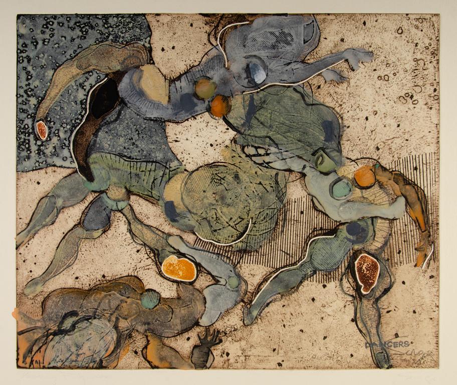 Walter Sorge (Canadian, 1931-2021) Mixed Media Intaglio: dancers mixed media intaglio on paper signed l.r. unframed 17.75 x 15 inches (sight) 24 x 21.5 inches (paper) Overall good condition. Canadian-born artist Walter Sorge was a Modernist whose work exhib