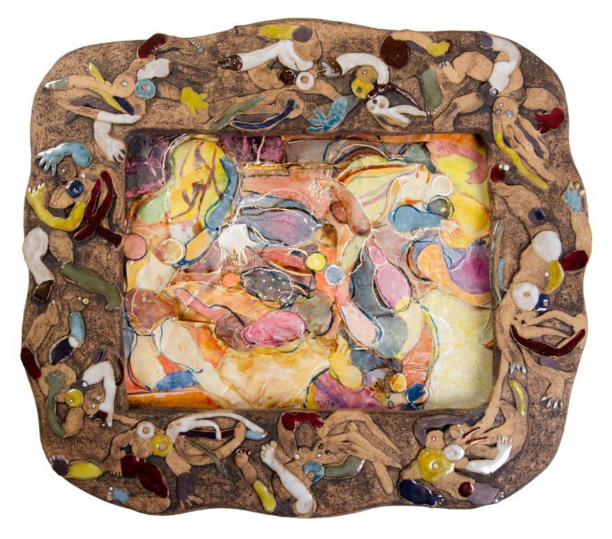 Walter Sorge (Canadian, 1931-2021) Paper Collage in: dancing figures mixed media collage signed l.l. painted ceramic frame 9.75 x 8 inches (sight) 14.24 13 inches (frame) Overall good condition. Minor raising or separation of collage with storage condit