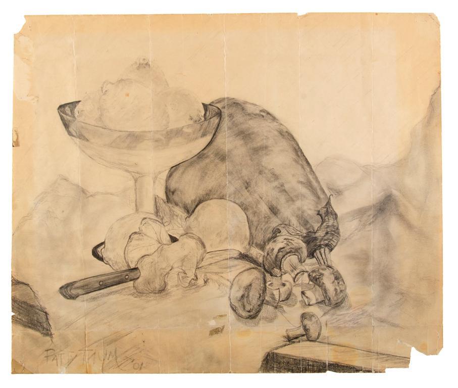 Patty Prather Thum (Louisville, 1853-1926) Still Life: still life pencil on paper signed l.l. dated 1901 unframed 16.5 x 14 inches (sight) Overall good condition with fold creases throughout paper with areas of perimeter tears and loss. Louisville native 