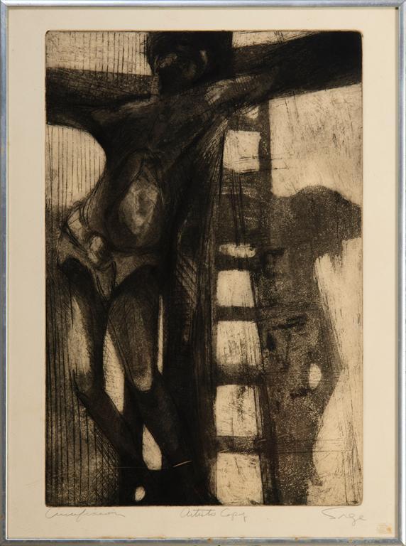 Walter Sorge (Canadian, 1931-2021) Intaglio Depiction: crucifixion intaglio on paper singed l.r. 12 x 17.75 inches (sight) 15.25 x 20.5 inches (frame) Overall good condition with stains to the frame Canadian-born artist Walter Sorge was a Modernist whose 