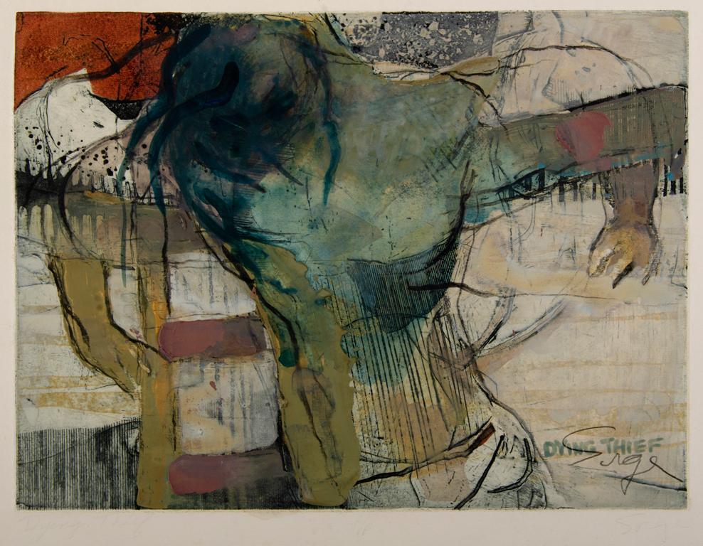 Walter Sorge (Canadian, 1931-2021) Mixed Media Intaglio: dying thief intaglio, acrylic, and watercolor on paper signed l.r. unframed 12 x 9 inches (sight) 15 x 16 inches (paper) Overall good condition. Canadian-born artist Walter Sorge was a Modernist whose