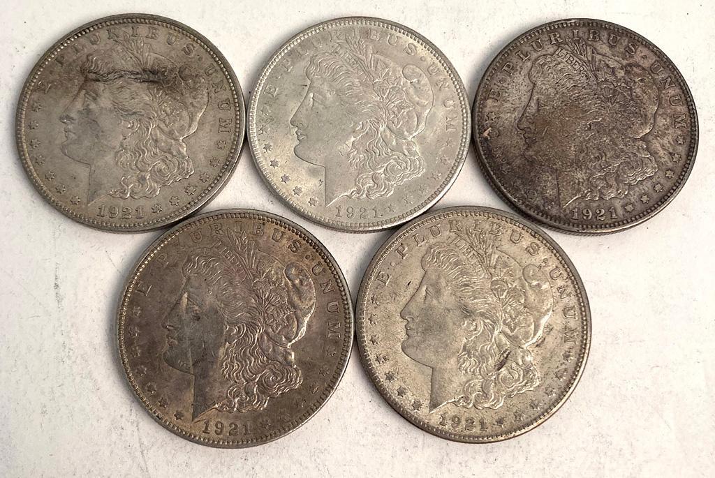 A Group of 5 1921 Morgan Liberty Silver Coins (1 of 2)