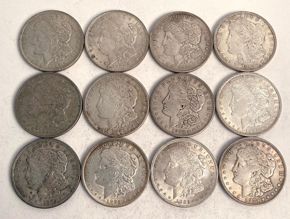 A Group of 12 1921 Morgan Liberty Silver Dollar Coins (1 of 2)