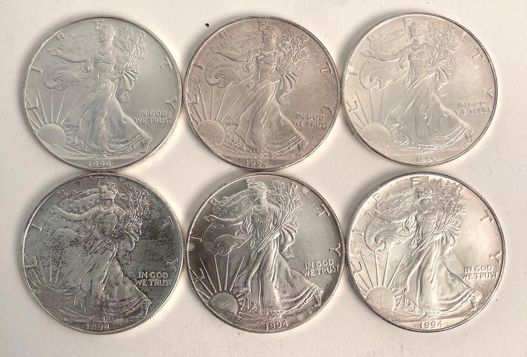 A Group of 6 1994 American Eagle Silver Dollar Coins (1 of 2)