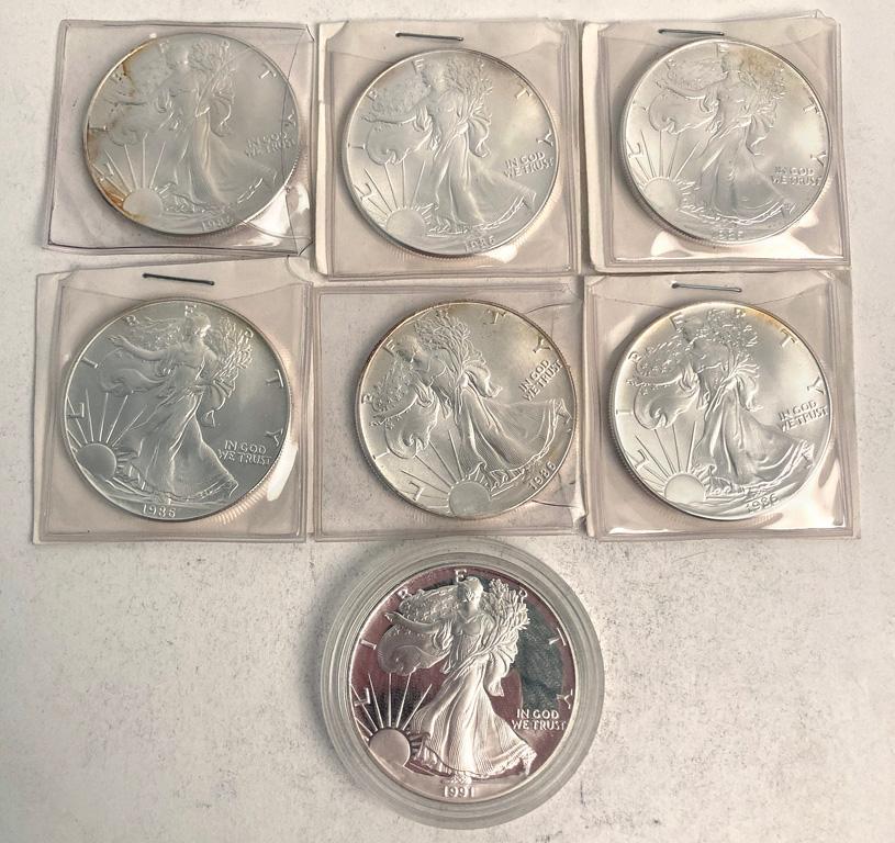 A Group of 6 1991 American Eagle Silver Dollar Coins (1 of 2)