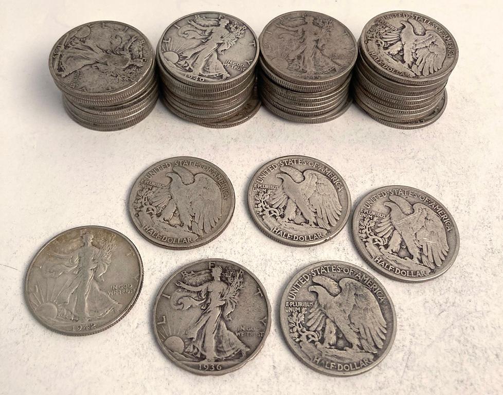 A Group of 46 Walking Liberty Half Dollar Coins (1 of 2)