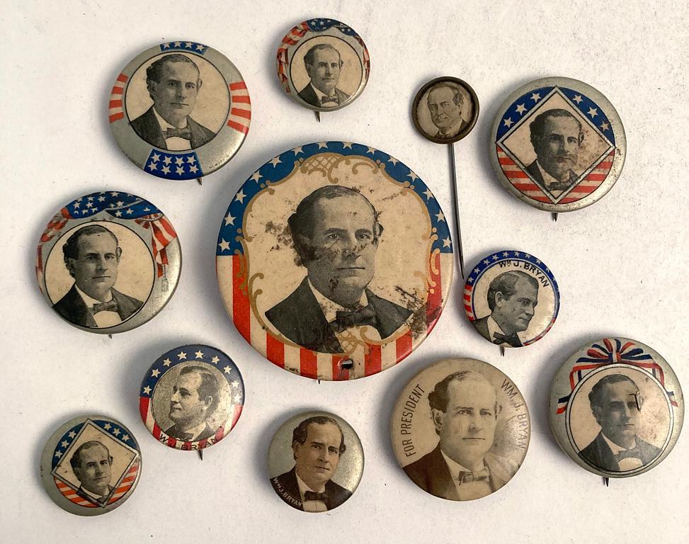 A Group of 12 WM. J. Bryan Political Pins (1 of 2)