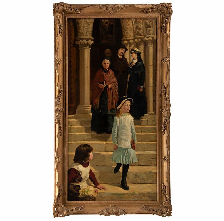An Oil on Canvas Exterior Church Scene by Edward Steel Harper: religious or exterior church scene oil on canvas signed l.r. 23.5 x 47.5 inches (sight) 30.5 x 55 inches (frame) â€‹â€‹â€‹â€‹â€‹â€‹â€‹Provenance: Private Midwest Col