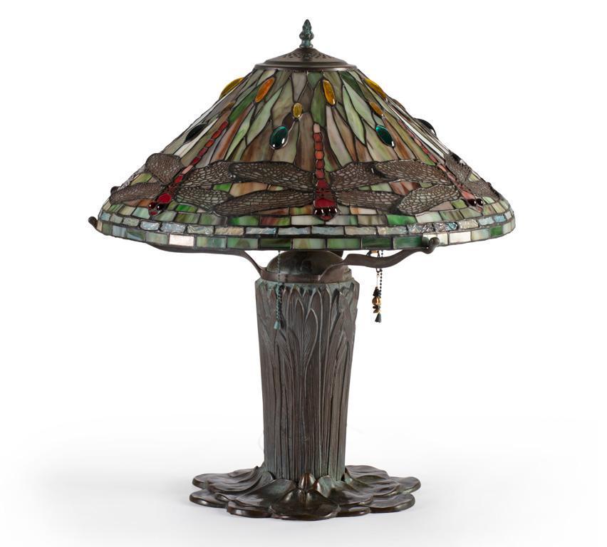 An After Tiffany Studios Bronze Cattail Pond Lily Lamp (1 of 4)