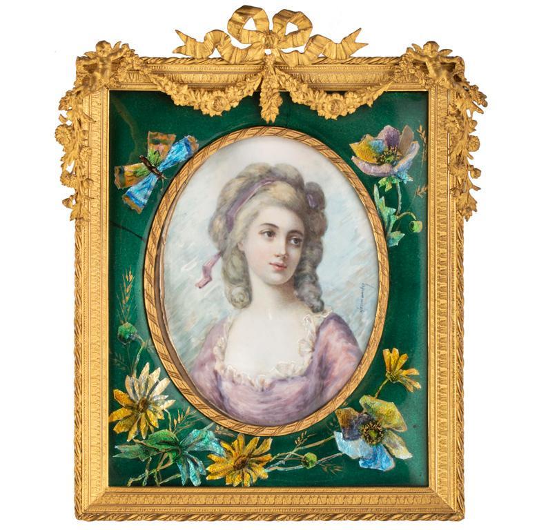 A Signed Portrait Miniature on Ivory Housed in Enamel and Bronze Frame (1 of 4)