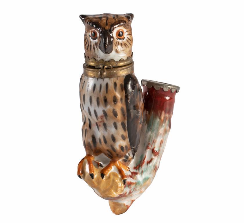 A Porcelain and Brass Gentleman Painted Owl Pipe (1 of 3)