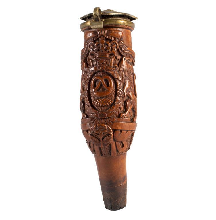 An Armorial Crest Carved Maple Pipe with Brass Mounts: Continental, 19th century. A relief carved gentleman's pipe of an armorial crest in maple with brass mounts; ht. 5, wd. 2, dp. 2 inches. Overall good condition.