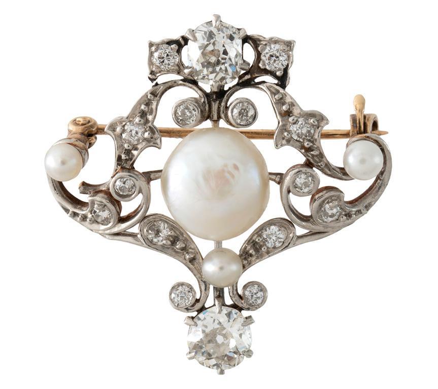 An Edwardian Platinum 18K Diamond and Pearl Brooch (1 of 2)