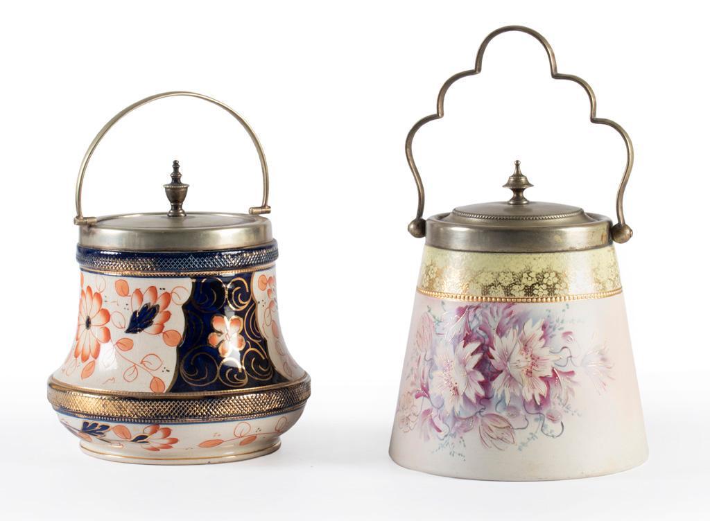 Two English Porcelain Painted Biscuit Barrels (1 of 3)