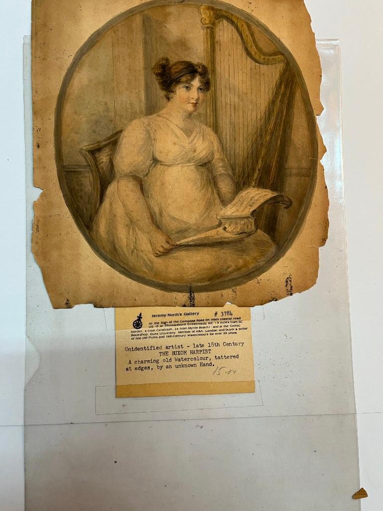 Late 18thc. Lady with a Harp Watercolor: lady with a harp, late 18thc. unidentified artist watercolor on paper 8 x 9 inches edges are tattered and have a few black spots. labeled verso. From the estate and lifelong collection of William