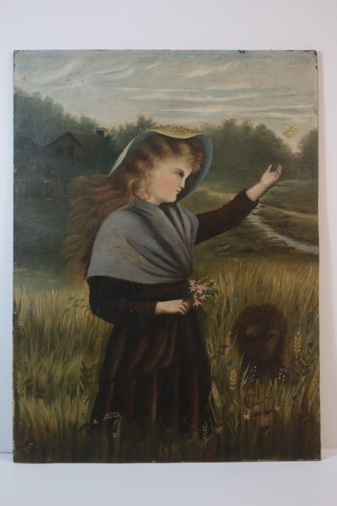 19thc. Folk Art Oil Painting, A Girl in A Wheat Field (1 of 3)