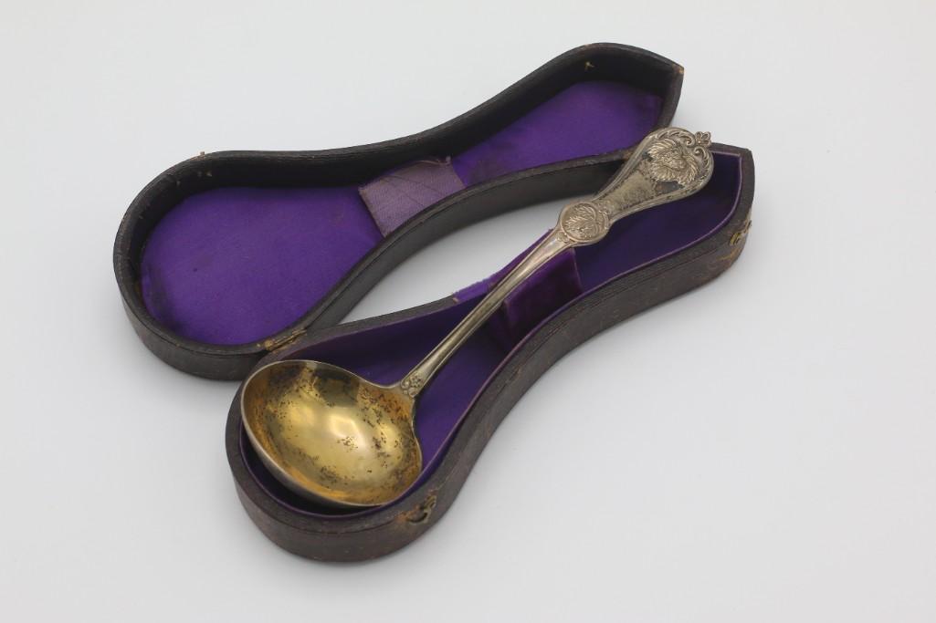 19thc. Antique Pure Coin Strawberry Ladle, Durgin: American. 19th century, 1870s. Serving ladle with foliate patterning and strawberry motif, which can be attributed to the William B. Durgin Company. Laid within a purple-lined leather box with closure