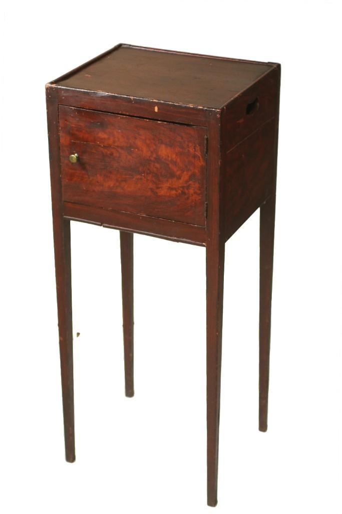 American 19th C. Petite Cabinet: 19th century. A petite cabinet with square marlborough legs. Some scratching throughout wood and loss to vaneer. From the estate and lifelong collection of William Garrett Hodges (1946-2014). Hodges w