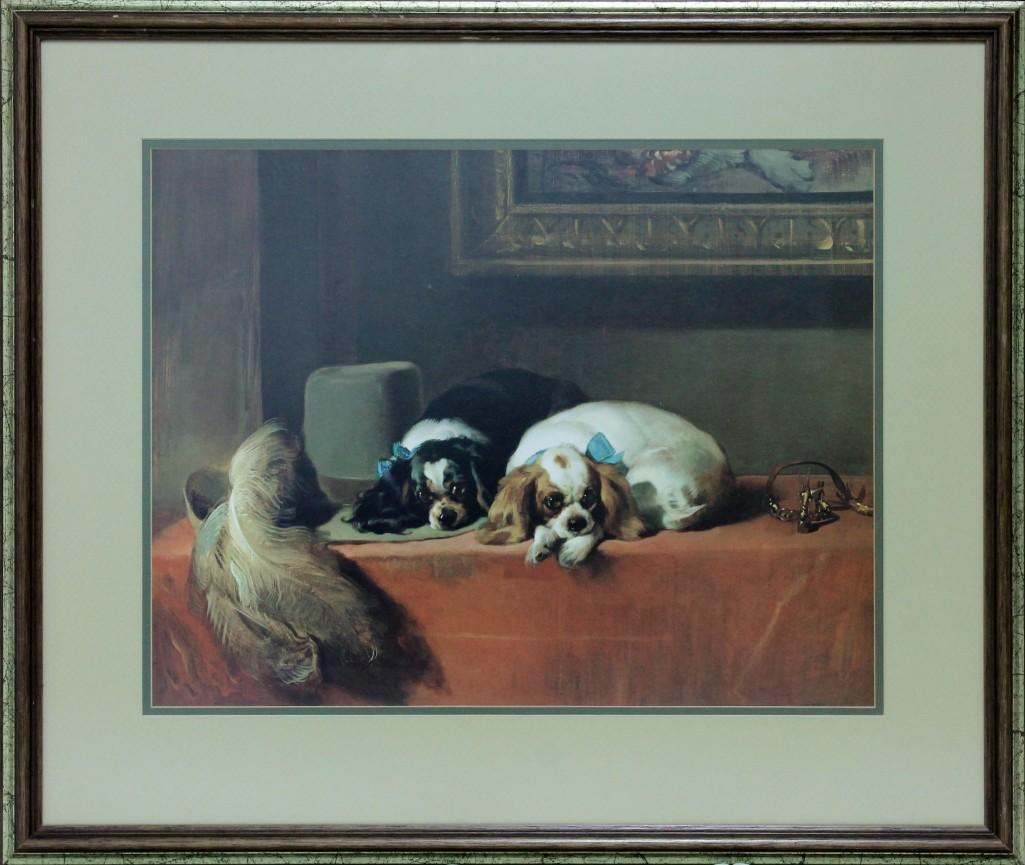 Landseer, Print, The Cavalier's Pets, 20th Century: Print on paper, Pair of King Charles Spaniels, after 1845 oil by Sir Edwin Landseer Published by The Tate Gallery 1982 Sight 13" x 17" Frame 20" x 24" Overall Good Condition