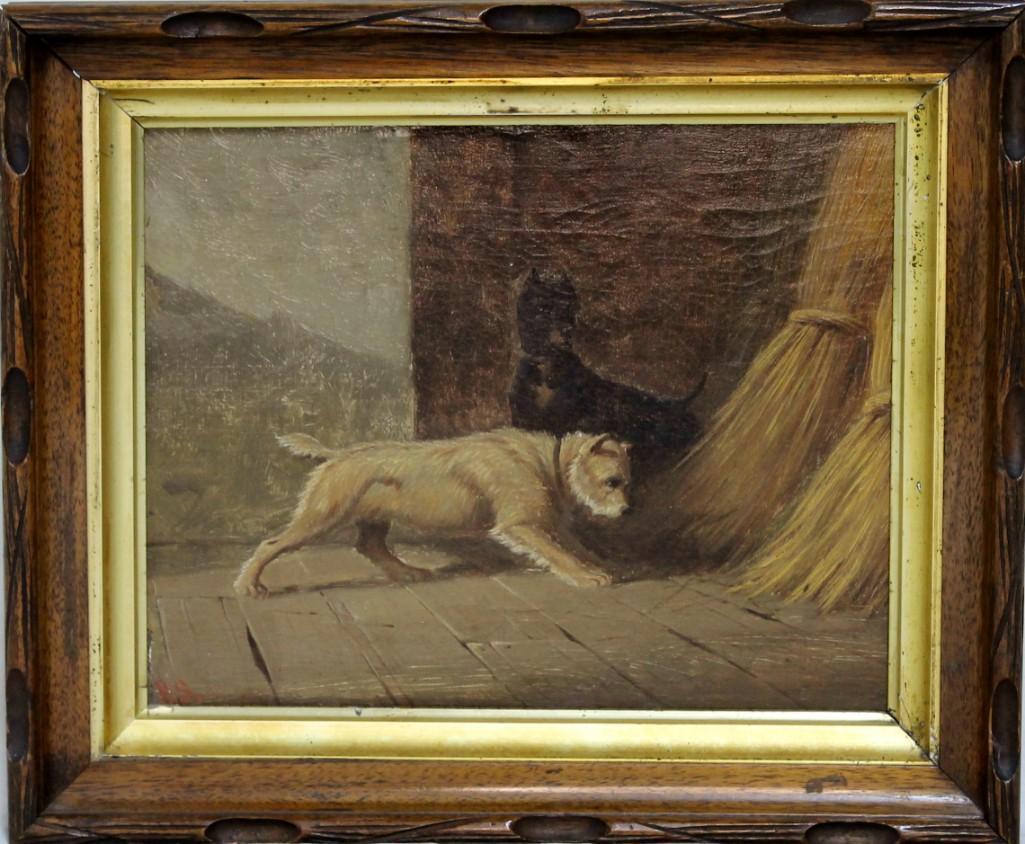 H.S., Oil, Two Dogs in Barn, 19th Century: Oil on board on canvas, Two Dogs in Barn beside hay Signed l.l. H.S. Sight 7" x 9" Frame 10" x 12" Overall Good Condition
