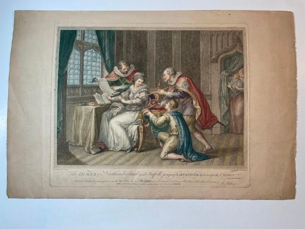 A Lithograph of The Dukes of Northumberland By Giovanni Battista Cipriani (Italian, 1727-1815): 'the dukes of northumberland and suffolk praying lady jane gray to accept the crown' a hand-colored stipple engraving by francesco bartolozzi (italian, 1728-1815) after giovanni battista cipr
