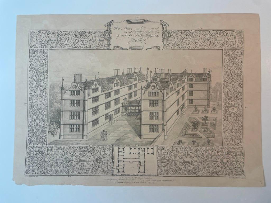 Engraving of Tudor Architecture, C.J. Richardson after John Thorpe: Engraving of architect John Thorpe's (England, 1565-1655) work from a folio of drawings in the Sir John Soan's Museum. Engraved by C.J. Richardson. Attributed to the late 18th century. Thorpe