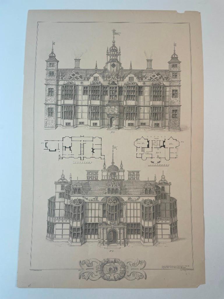 Plate 7 of John Thorpe's Architectural Drawings, Engraved by C.J. Richardson: Engraving of architect John Thorpe's (England, 1565-1655) work from a folio of drawings in the Sir John Soan's Museum. Engraved by C.J. Richardson. Attributed to the late 18th century. Thorpe