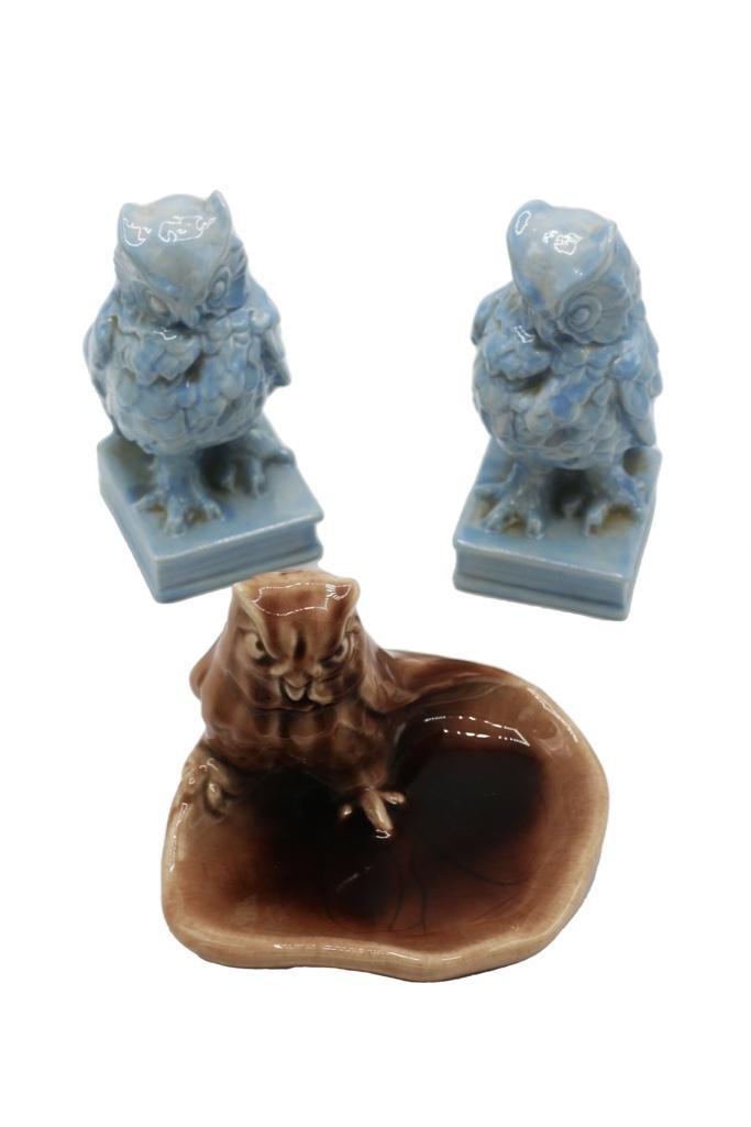 Rookwood Pottery Owl Bookends and Trinket Dish (1 of 3)