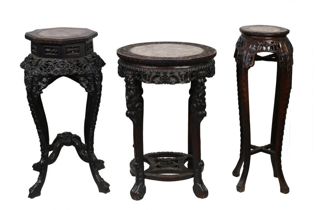Three Antique Chinese Rosewood Marble Top Carved Pedestals (1 of 5)
