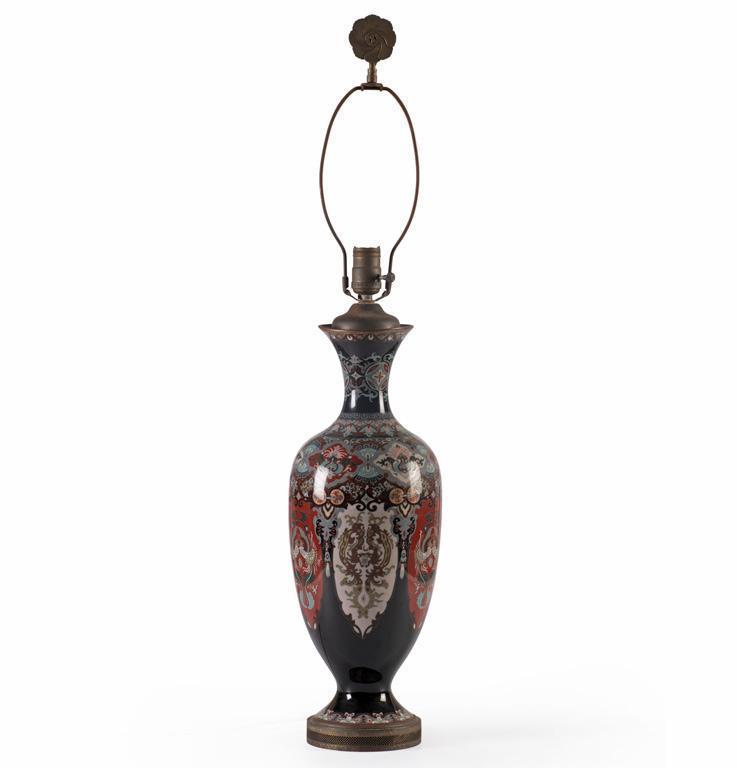 A Late Meiji Period Cloisonne Electrified Vase: Japanese, 19th century. A late Meiji period cloisonne electrified vase; ht. 33.25, dia. 6.75 inches. Overall good condition.