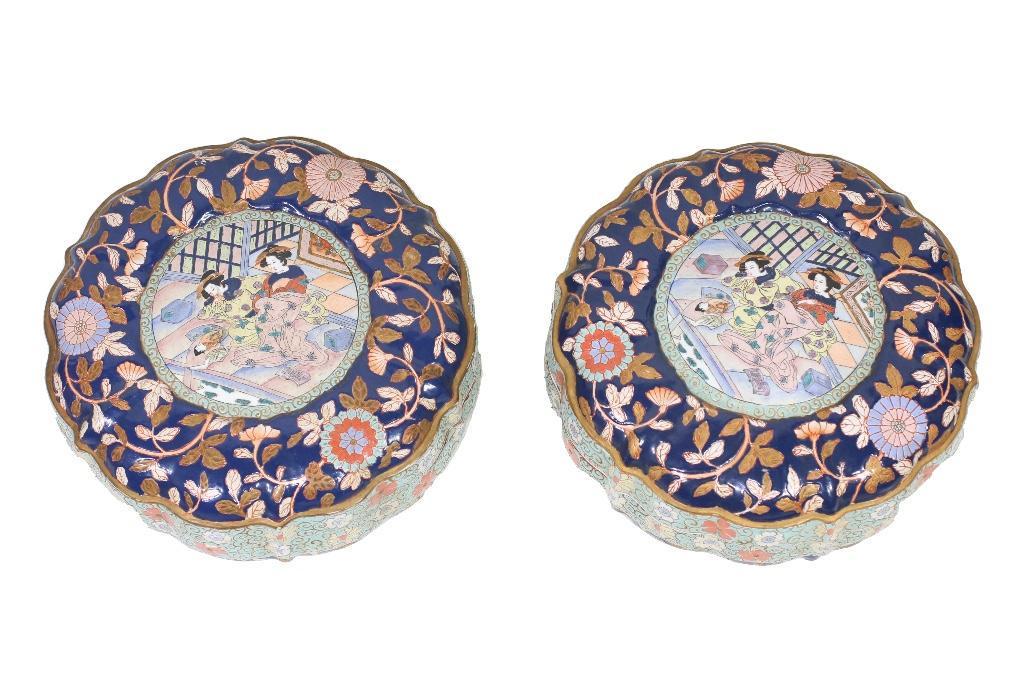 A Set of Large Chinese Porcelain Decorative Boxes: China, 20th century. A pair of fine vintage Chinese export porcelain rose box with floral motif. Signed on the bottom interior. Overall good condition, but there some areas where the paint has becom
