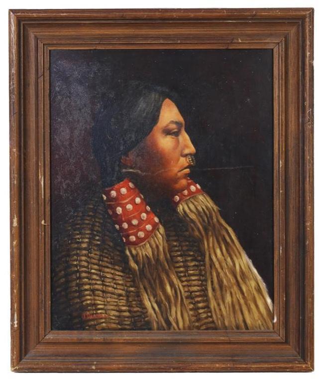 John R. Dugan (1918-1996) Oil Painting of a Hesquiaht Man: American, 20th century. John R. Dugan (1918-1996). Oil on masonite within a wooden frame. Damage to paint surface, as well as wear throughout the frame. Signed lower left. 21.0 x 25.0" 15.5 x 20