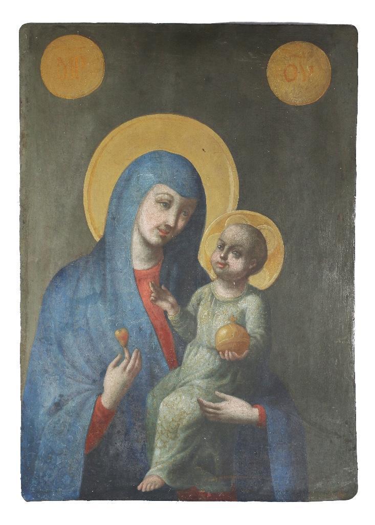 A Depiction of Madonna and Child on Metal: Likely 19th or 20th century. A oil on metal painting of Madonna and Child; unsigned. 16.5" w x 23.5" h. Overall good condition. Some rust present on back of piece. From the estate and lifel