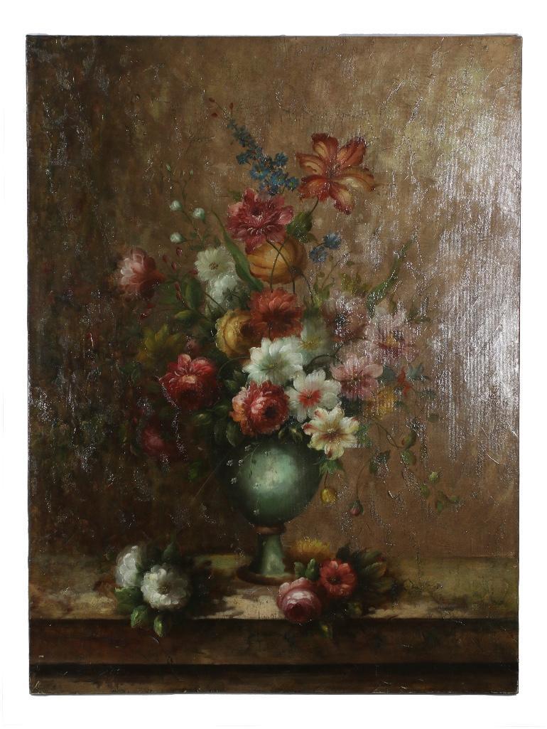 A Monumental Floral Vase Painting: Likely American, 20th century. A large oil painting of a bountiful vase of plush flowers. Stretchers appear new; unsigned. 29" w x 40" h. Overall good condition. From the estate and lifelong c