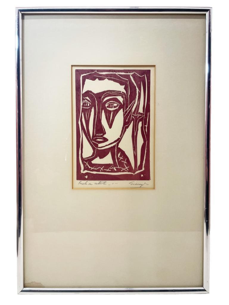 Pedro Giacaglia (1922-1997) Linocut Self-Portrait: South America, 20th century. Linocut self-portrait by Pedro Giacaglia. 15.0" L x 22.5" H; sight 6.5" L x 9.5" H.