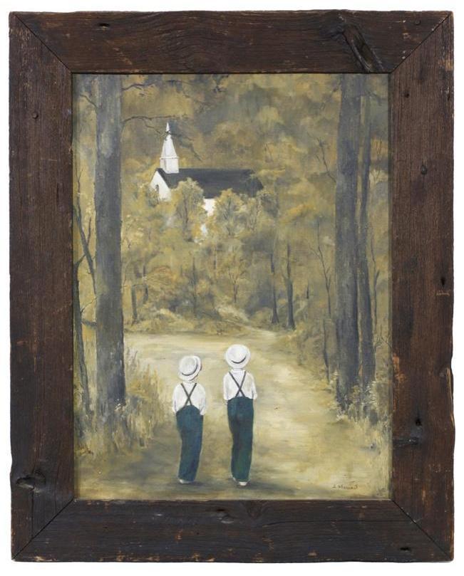 A Large Oil Painting in a Primitive Wooden Frame (1 of 3)