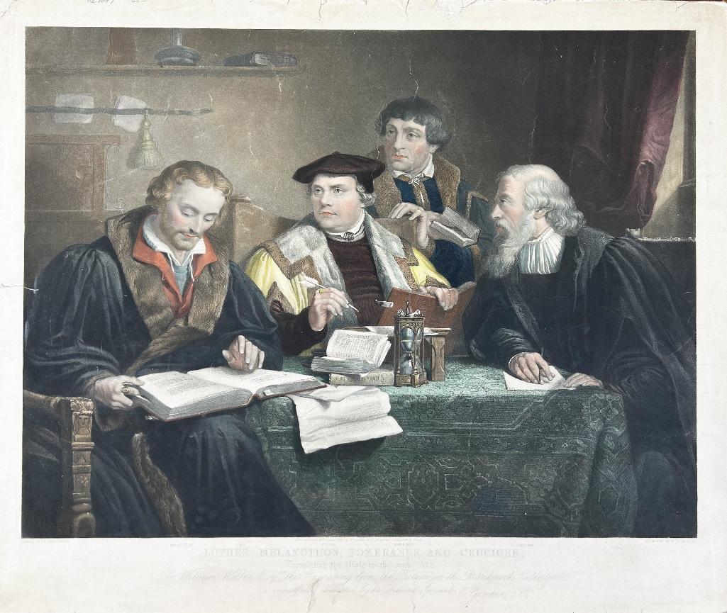 An Antique Lithograph of Luther, Melancthon, Pomeranus, and Cruciger Translating the Bible (1 of 2)