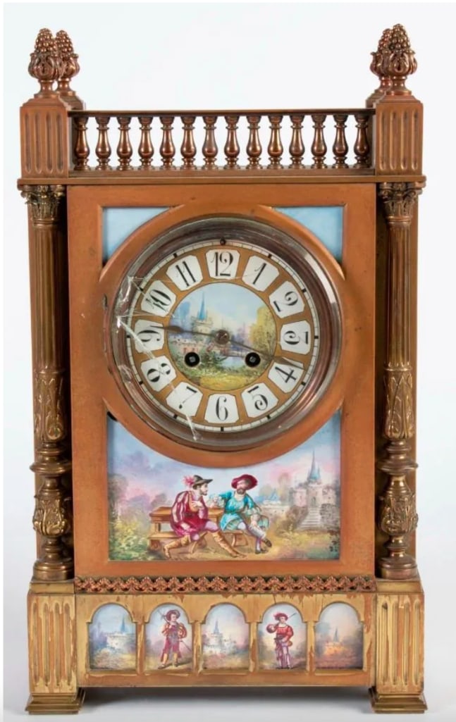 French, 19th century. A bronze and painted porcelain Japy Freres mantle clock, bronze decorative (1 of 6)
