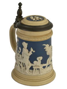 German, 20th century. A Mettlach half liter stein with detailed depiction of gentleman smoking,: German, 20th century. A Mettlach half liter stein with detailed depiction of gentleman smoking, drinking and bowling in landscape with pewter mount, marked Mettlach 2182; ht. 98, wd. 5.5, dp. 4.5 inch