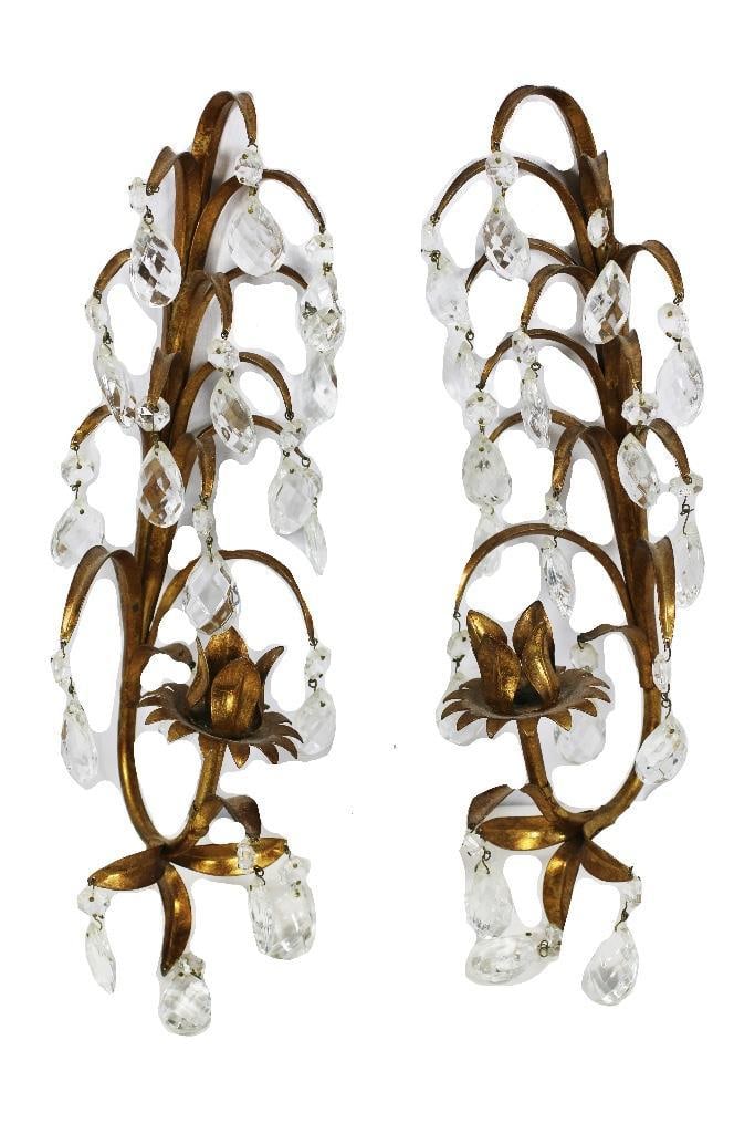 Italy, 20th century. A pair of stunning gilt and glass prism candle sconces. Marked as made in: Italy, 20th century. A pair of stunning gilt and glass prism candle sconces. Marked as made in Italy. Measure 5 x 13 inches; overall good condition. All glass beads are present.