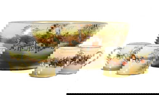 England, 20th century. A set of Royal Doulton "Coaching Days" set of matching mugs and large bowl.: England, 20th century. A set of Royal Doulton "Coaching Days" set of matching mugs and large bowl. Marked underside; cups measure 3" x 3.5" and bowl is 5.5" h x 12" d. Overall good condition. From the