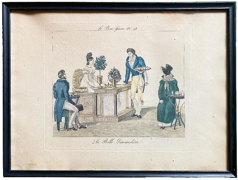 France, early 19th century. An exceptional colored engraving titled Le Bon Genre nÂ°98. On chain (1 of 1)