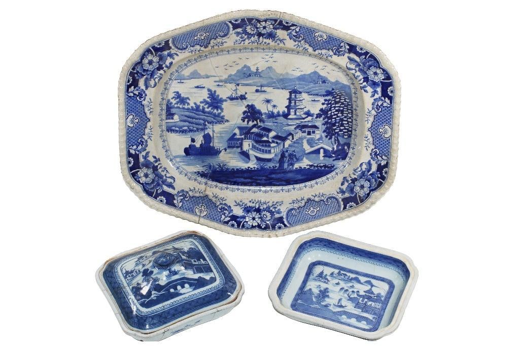 19th century. 13 pieces of blue willow china in varying condition. Repairs and damage present. Large: 19th century. 13 pieces of blue willow china in varying condition. Repairs and damage present. Large serving platter has been repaired; cracks present. Combination of lids and serving dishes.